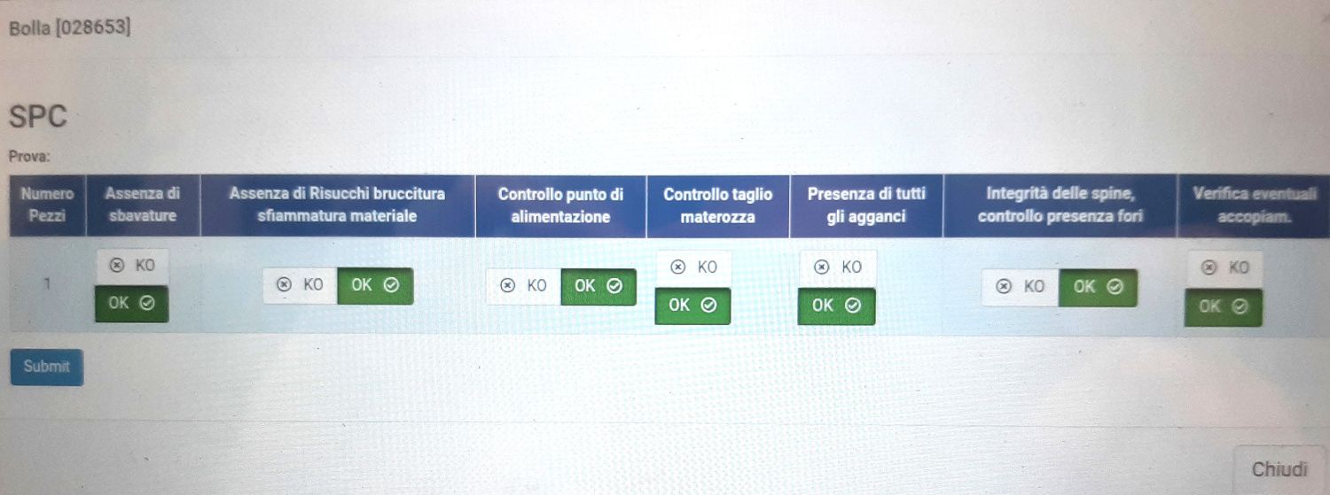 Schermata di un collaudo in Opera MES con i controlli da effettuare e le relative dichiarazioni