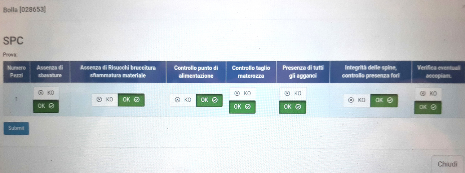Schermata di un collaudo in Opera MES con i controlli da effettuare e le relative dichiarazioni